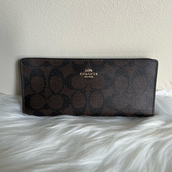Coach Slim Wallet Signature Canvas Brown Black Monogram C3549 Gold Hardware